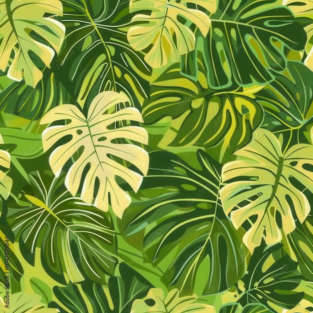 Poster this artwork features a lively arrangement of monstera leaves in various shades of green, creating a