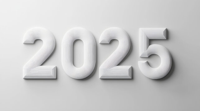 Happy new year 2025 number white plaster sculpture reliefs wallpaper, 3D modern fashion glossy fashion white background banner template