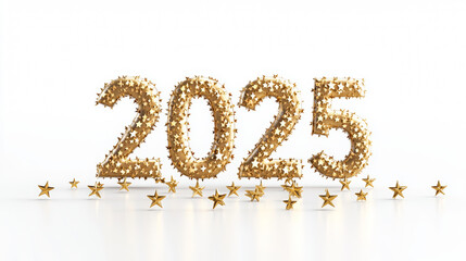 Happy new year 2025 number golden shiny brushed metal reliefs golden star wallpaper, 3D modern fashion shimmering glossy fashion white background banner template