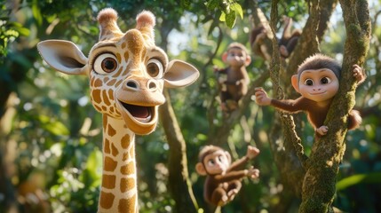 Obraz premium Playful Giraffe with Cheerful Monkeys in Jungle Scene