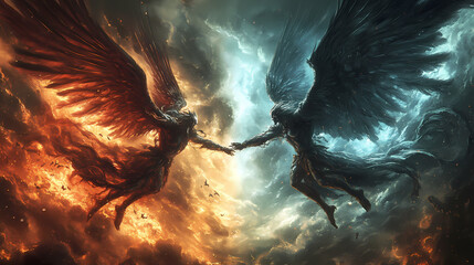 Epic battle between angelic and demonic forces in the sky. Cosmic Battle. Illustration