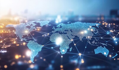 The light blue background shows a vision of global connectivity, with digital connections encircling the globe, symbolising the global convergence of technology and information flows.