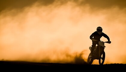A motorcyclist riding through dust at sunset, symbolizing adventure and freedom.