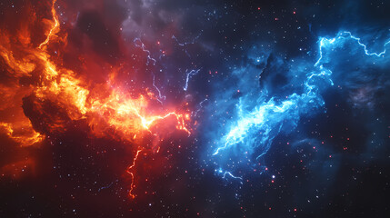 Obraz premium Epic cosmic battle, fire and ice collision, blue lightning vs red flames, energy beams clashing, space background, star field, explosive particle effects. Cosmic Battle. Illustration