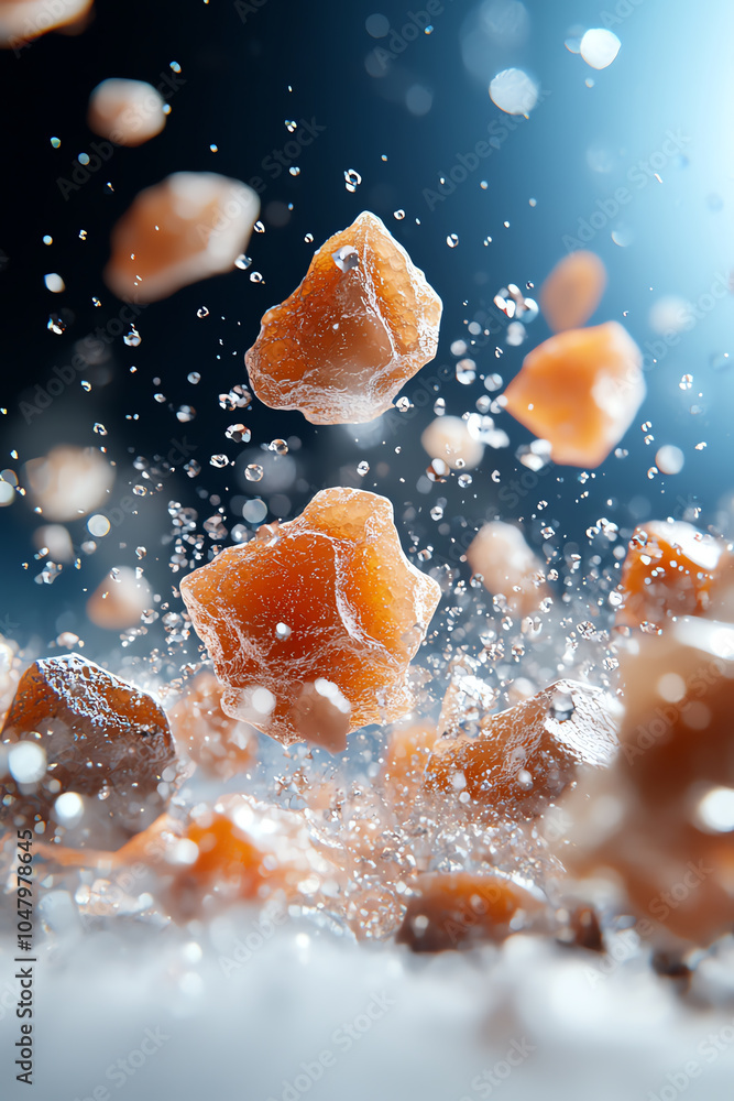 Poster dynamic capture of amber crystals in motion with water droplets creating a stunning visual effect
