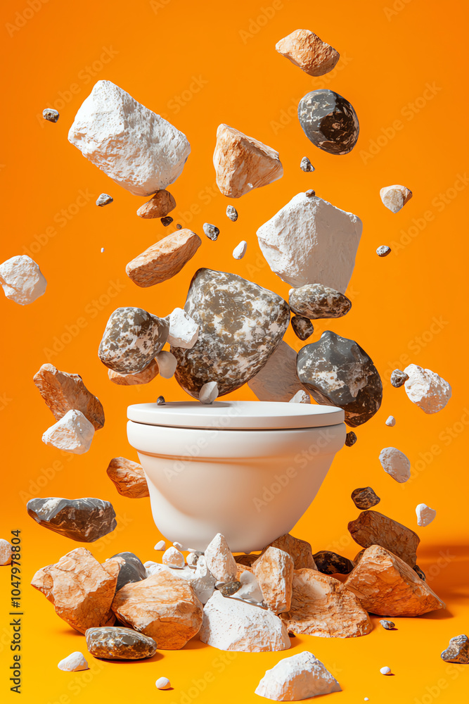 Poster exploring the surreal interaction of a toilet and floating rocks against a vibrant orange background