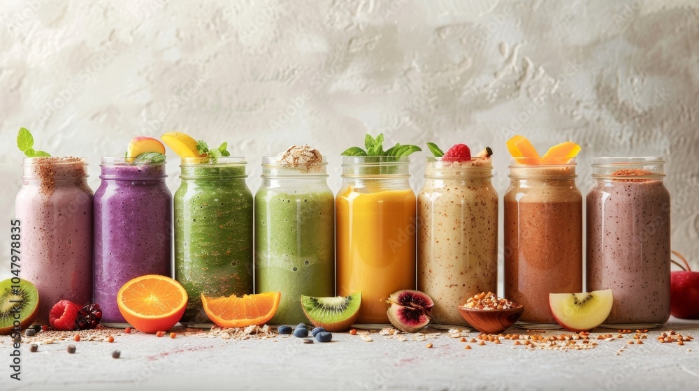 Poster glass jars filled with smoothies each showcasing different combinations of fruits vegetables and sup