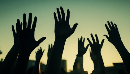 Obraz premium Silhouetted hands raised against a sunset, symbolizing unity and social activism.