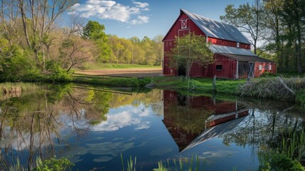 Fototapeta premium Red Barn Reflected in a Pond with Lush Greenery