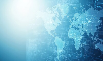 The light blue background shows a vision of global connectivity, with digital connections encircling the globe, symbolising the global convergence of technology and information flows.