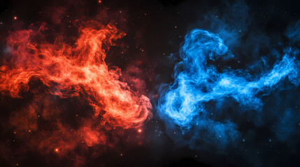 Ethereal nebula in fierce red and cool blue abstract smoke forms on black backdrop cosmic battle visual embodying versus concept dramatic otherworldly illustration. Cosmic Battle. Illustration