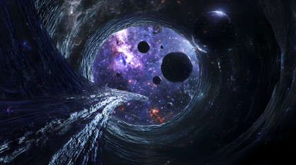 Explore space and time through wormholes filled with stars, nebulae, and black holes. a 3d illustration of science fiction. Portal Through Time. Illustration