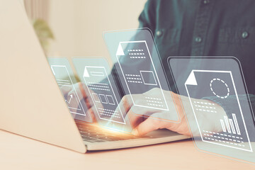E-Document management concepts hand touch visual digital data documentation directory online archive storage for database search system work on cloud technology.