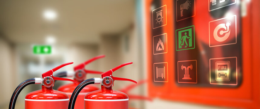 Fire extinguisher with prevent icons for protection or prepare fire equipment for prevention in emergency case and safety or rescue and alarm system training concept.