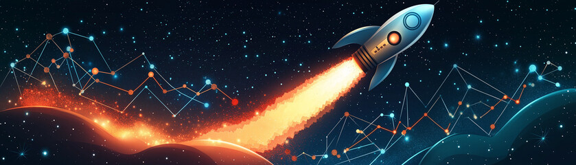 Naklejka premium Rocket taking off with a business graph integrated into its tail, symbolizing growth and aspirations for the new year