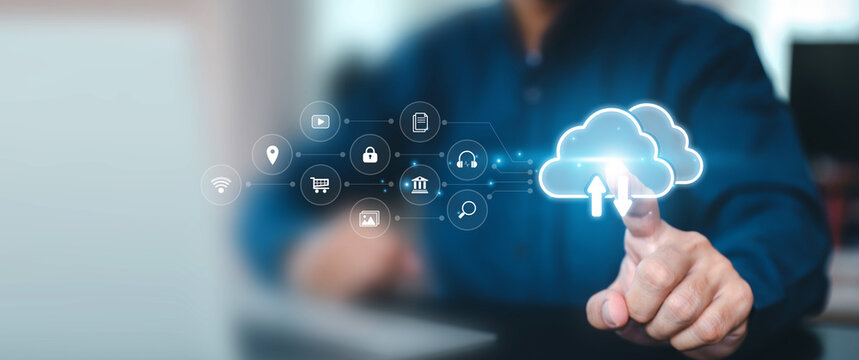 Cloud computing concepts of database storage technology file data transfer sharing cyber security or big data information online or computer download upload backup cloud drive.