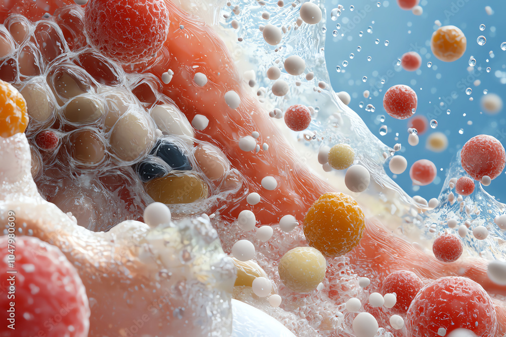 Poster exploring the intricate dance of colorful particles and bubbles in a vivid abstract composition
