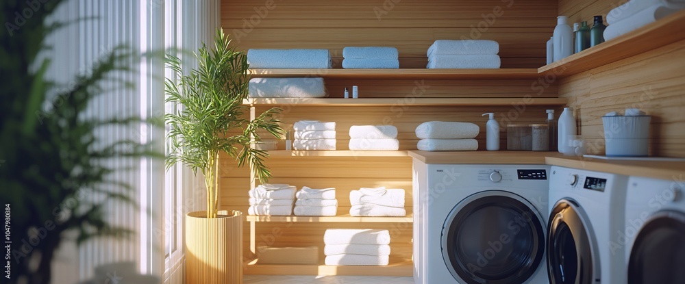 Poster a bright and modern laundry room with two washing machines and a wooden shelf stacked with folded to