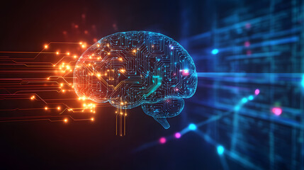 Fototapeta premium Glowing Digital Brain with Neon Circuit Interface