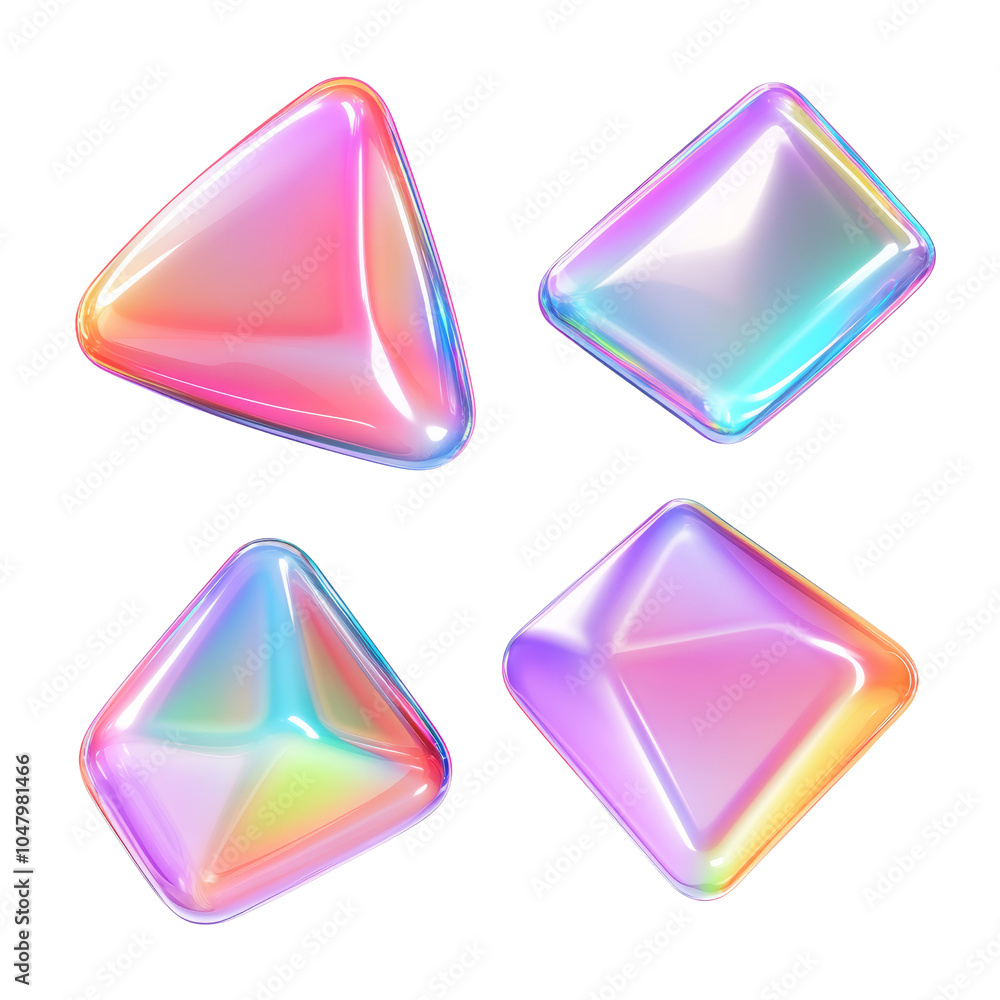 Poster set of abstract triangle square gradient freeform shape form fluid holographic iridescent 3d render 