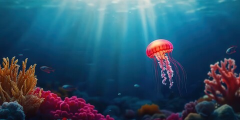 Whimsical underwater scene with glowing jellyfish and vibrant corals