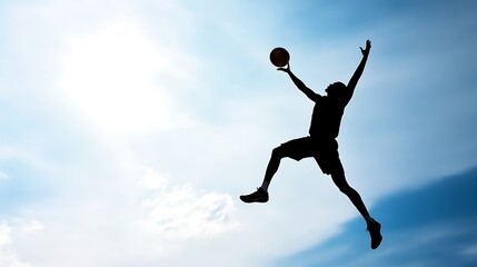 Fototapeta premium A silhouette of a person jumping with a basketball against a bright sky.