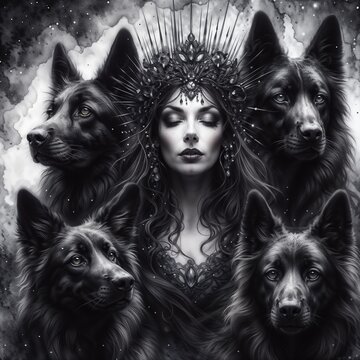 Dark Queen, surrounded by four loyal black German Shepherds, serene yet powerful, mysterious and majestic mood. Digital painting, watercolor style.