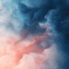 Obraz premium Abstract background with a smooth gradient from midnight blue to soft coral, featuring a misty, cloud-like texture. Deep, fluid colors create a tranquil and sophisticated atmosphere