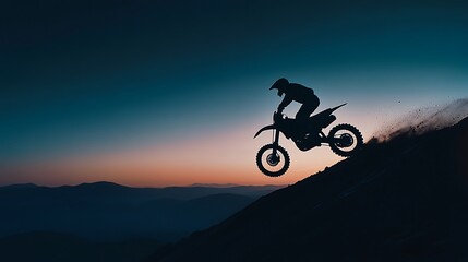 Obraz premium A silhouette of a motocross rider jumping against a colorful sunset backdrop.