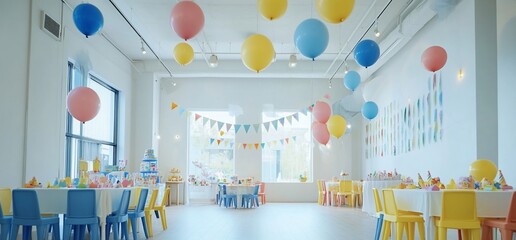 A brightly decorated room with colorful balloons, streamers, and tables with chairs, perfect for a birthday party or celebration.