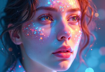 Fototapeta premium abstract face of a beautiful woman in multicolored sequins on a blue background