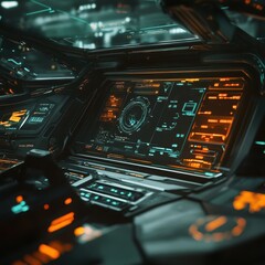 Cyberpunk Cockpit: Immersive view of a futuristic spaceship's control panel, glowing with vibrant teal and orange hues.
