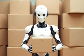 a robot with a box in his hands against the background of stacks of boxes , the concept of automation of loading and unloading