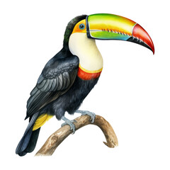 Fototapeta premium toucan on branch watercolor isolated on transparent background cutout