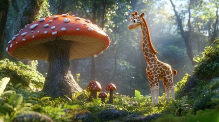 Whimsical 3D Cartoon Giraffe in Enchanted Forest