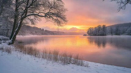 Fototapeta premium Serene Winter Sunset Over Calm Lake Reflection