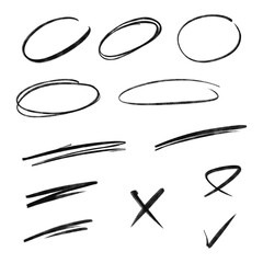 A Set of circles and line art: Hand-drawn illustration of pencil crayon, rough chalk underline, marks, sketching elements on a transparent background