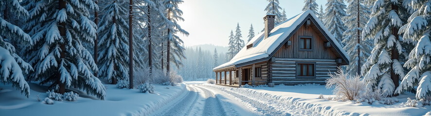 Snowy log cabin in winter forest panorama