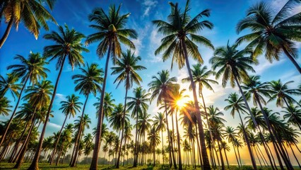 Tall palm trees in a tropical island jungle against blue sky