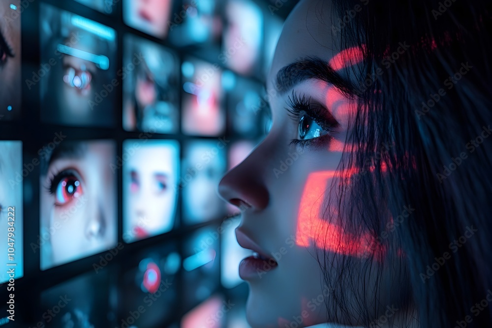 Poster mesmerizing ai powered facial recognition and visual content manipulation concept