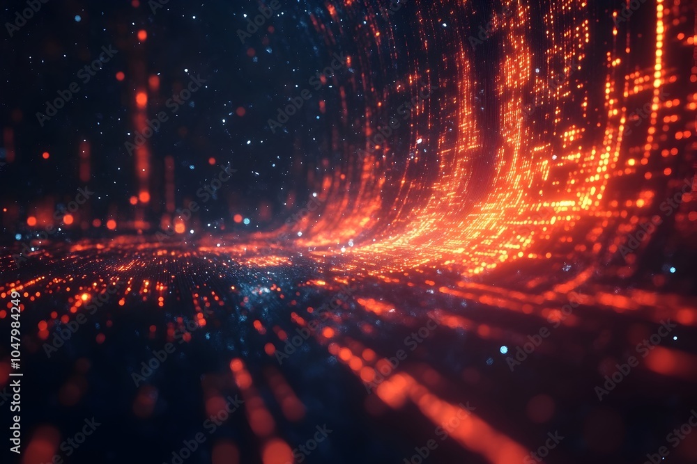 Poster optical data transmission concept with abstract glowing lines on dark background