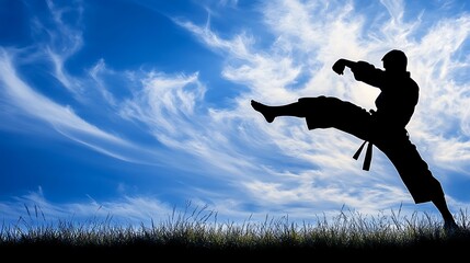 A martial artist performs a high kick against a dramatic sky backdrop.