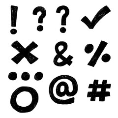 Set of hand-drawn Symbol expressions, brush stroke doodle style, exclamation and question mask, at icon, hashtag, silence dots, correct and wrong marks, Transparent background.