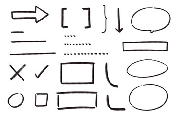 Boxes, circles, arrows and line art set2: Hand-drawn illustration of pencil crayon, bracket, rough dash chalk underline, marks, sketching elements on a transparent background