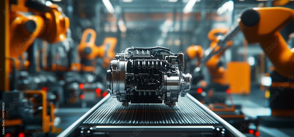 Aufkleber A car engine is on a conveyor belt in an assembly line with robotic arms in the background.