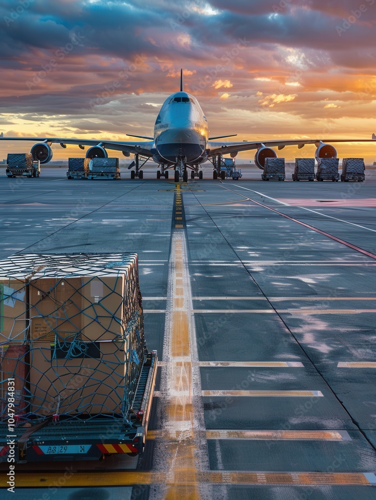 Poster a cargo airplane is positioned on the runway as loading and unloading equipment is actively working 