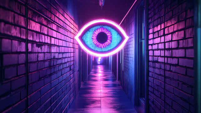 Futuristic cyberpunk alley with neon eye hologram, suitable for sci-fi themes and tech events. Neon City Alley. Illustration