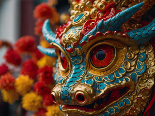 A close-up of a dragon's eye on a traditional mask, gleaming with rich colors and detailed craftsmanship during a Lunar New Year ceremony.