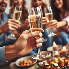 A couple toasting with champagne glasses in a restaurant celebration