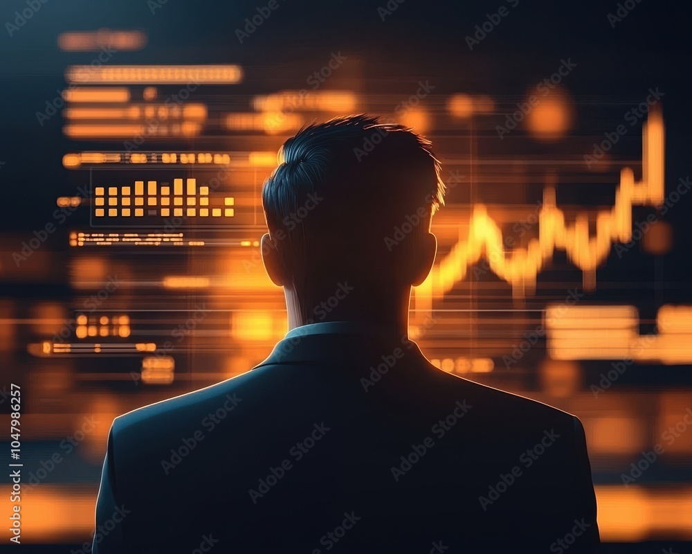 Poster businessman analyzing data trends and charts with digital interface background.